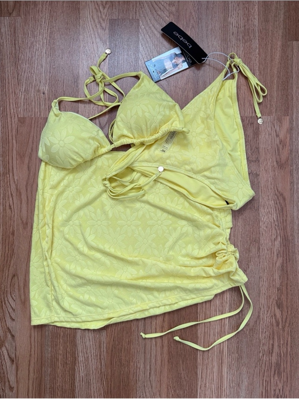 bebe 3 Piece Yellow Floral Bikini Top/Bottom With Matching Cover-Up Skirt